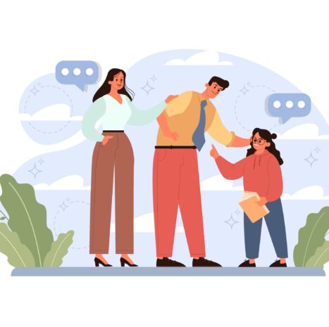 Joint parenting set. Divorced spouses raising a child together. Joint physical custody and close relationships with both parents after a family separation. Flat vector illustration