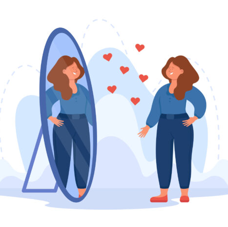 Happy smiling woman admiring beautiful reflection in mirror. Proud of beauty and self confidence as pretty female character flat vector illustration. Narcissism, self love, psychology concept